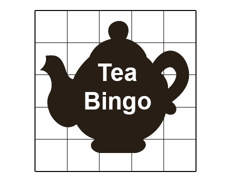Black teapot on a white grid background, text overlay "Tea Bingo."