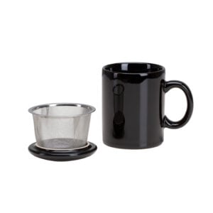 Black infuser mug with lid.
