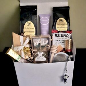 Wrapped in comfort gift box, with tea, cookies, and other items